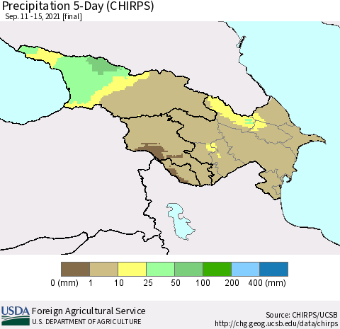 Azerbaijan, Armenia and Georgia Precipitation 5-Day (CHIRPS) Thematic Map For 9/11/2021 - 9/15/2021