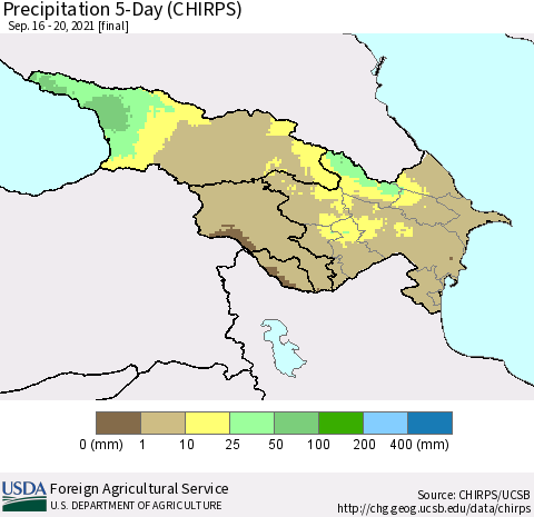 Azerbaijan, Armenia and Georgia Precipitation 5-Day (CHIRPS) Thematic Map For 9/16/2021 - 9/20/2021