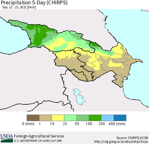 Azerbaijan, Armenia and Georgia Precipitation 5-Day (CHIRPS) Thematic Map For 9/21/2021 - 9/25/2021