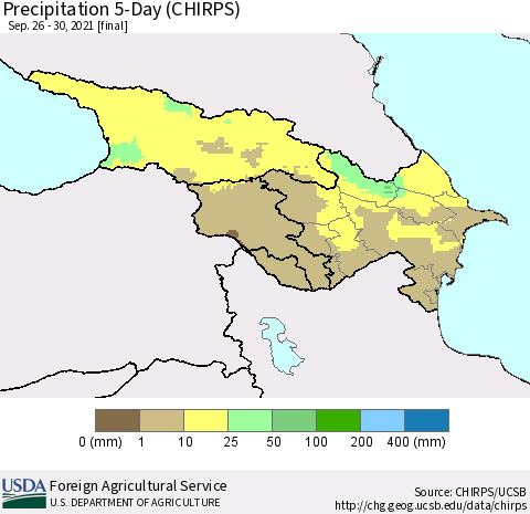 Azerbaijan, Armenia and Georgia Precipitation 5-Day (CHIRPS) Thematic Map For 9/26/2021 - 9/30/2021