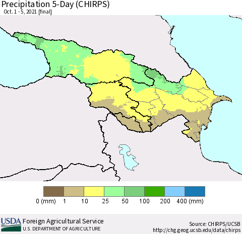 Azerbaijan, Armenia and Georgia Precipitation 5-Day (CHIRPS) Thematic Map For 10/1/2021 - 10/5/2021