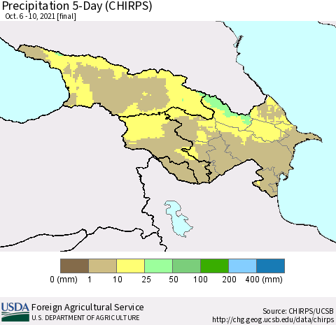 Azerbaijan, Armenia and Georgia Precipitation 5-Day (CHIRPS) Thematic Map For 10/6/2021 - 10/10/2021