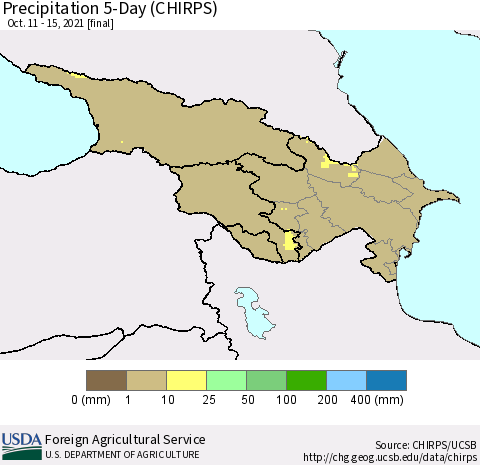 Azerbaijan, Armenia and Georgia Precipitation 5-Day (CHIRPS) Thematic Map For 10/11/2021 - 10/15/2021