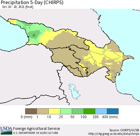 Azerbaijan, Armenia and Georgia Precipitation 5-Day (CHIRPS) Thematic Map For 10/16/2021 - 10/20/2021