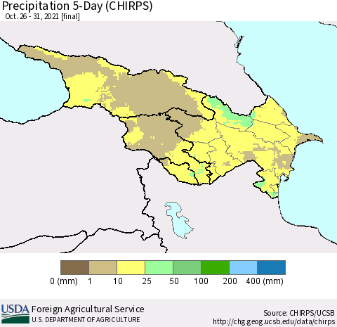 Azerbaijan, Armenia and Georgia Precipitation 5-Day (CHIRPS) Thematic Map For 10/26/2021 - 10/31/2021