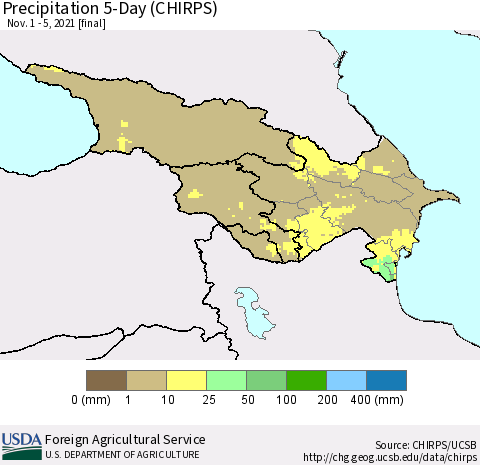 Azerbaijan, Armenia and Georgia Precipitation 5-Day (CHIRPS) Thematic Map For 11/1/2021 - 11/5/2021