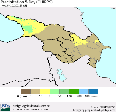 Azerbaijan, Armenia and Georgia Precipitation 5-Day (CHIRPS) Thematic Map For 11/6/2021 - 11/10/2021