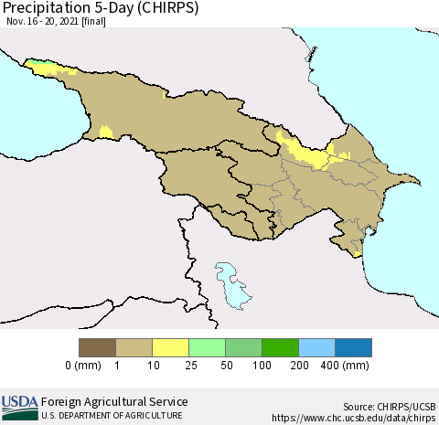 Azerbaijan, Armenia and Georgia Precipitation 5-Day (CHIRPS) Thematic Map For 11/16/2021 - 11/20/2021