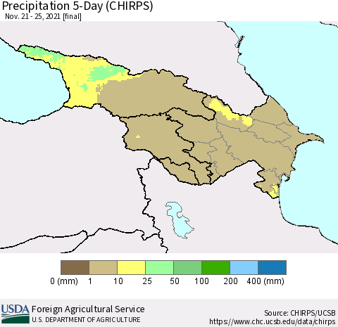 Azerbaijan, Armenia and Georgia Precipitation 5-Day (CHIRPS) Thematic Map For 11/21/2021 - 11/25/2021