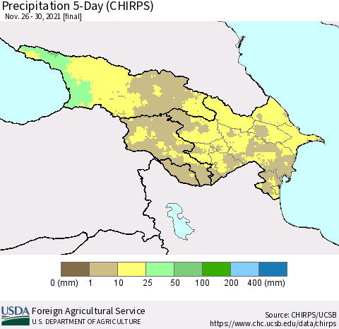 Azerbaijan, Armenia and Georgia Precipitation 5-Day (CHIRPS) Thematic Map For 11/26/2021 - 11/30/2021