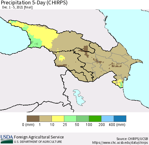 Azerbaijan, Armenia and Georgia Precipitation 5-Day (CHIRPS) Thematic Map For 12/1/2021 - 12/5/2021