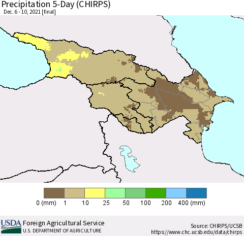 Azerbaijan, Armenia and Georgia Precipitation 5-Day (CHIRPS) Thematic Map For 12/6/2021 - 12/10/2021