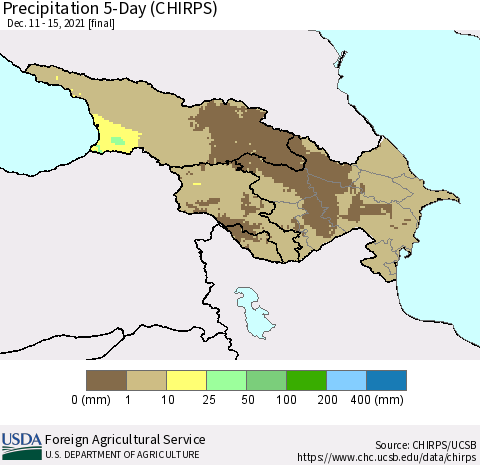Azerbaijan, Armenia and Georgia Precipitation 5-Day (CHIRPS) Thematic Map For 12/11/2021 - 12/15/2021