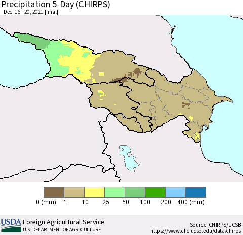 Azerbaijan, Armenia and Georgia Precipitation 5-Day (CHIRPS) Thematic Map For 12/16/2021 - 12/20/2021