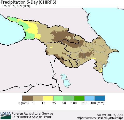 Azerbaijan, Armenia and Georgia Precipitation 5-Day (CHIRPS) Thematic Map For 12/21/2021 - 12/25/2021