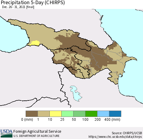Azerbaijan, Armenia and Georgia Precipitation 5-Day (CHIRPS) Thematic Map For 12/26/2021 - 12/31/2021