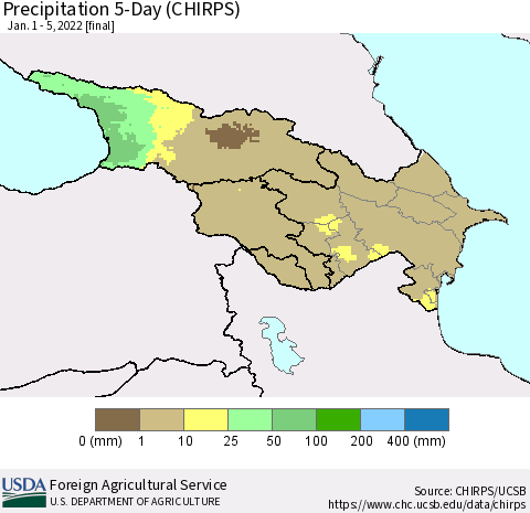 Azerbaijan, Armenia and Georgia Precipitation 5-Day (CHIRPS) Thematic Map For 1/1/2022 - 1/5/2022