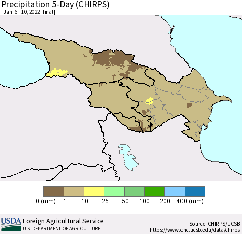 Azerbaijan, Armenia and Georgia Precipitation 5-Day (CHIRPS) Thematic Map For 1/6/2022 - 1/10/2022