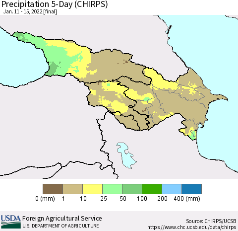 Azerbaijan, Armenia and Georgia Precipitation 5-Day (CHIRPS) Thematic Map For 1/11/2022 - 1/15/2022