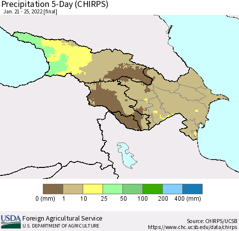 Azerbaijan, Armenia and Georgia Precipitation 5-Day (CHIRPS) Thematic Map For 1/21/2022 - 1/25/2022