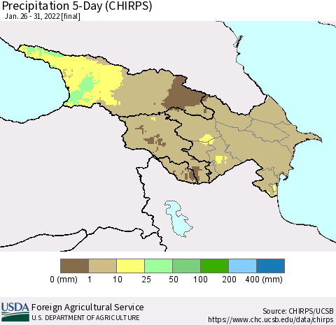 Azerbaijan, Armenia and Georgia Precipitation 5-Day (CHIRPS) Thematic Map For 1/26/2022 - 1/31/2022