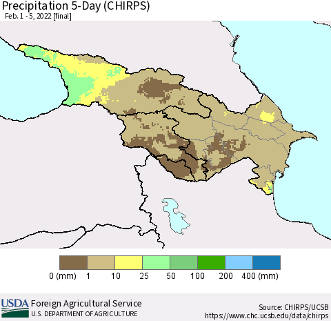 Azerbaijan, Armenia and Georgia Precipitation 5-Day (CHIRPS) Thematic Map For 2/1/2022 - 2/5/2022