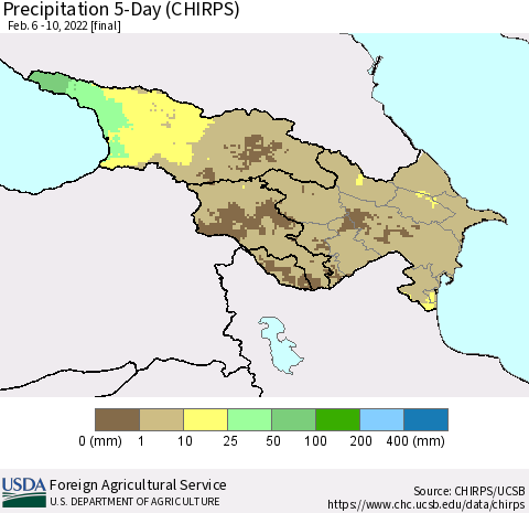 Azerbaijan, Armenia and Georgia Precipitation 5-Day (CHIRPS) Thematic Map For 2/6/2022 - 2/10/2022
