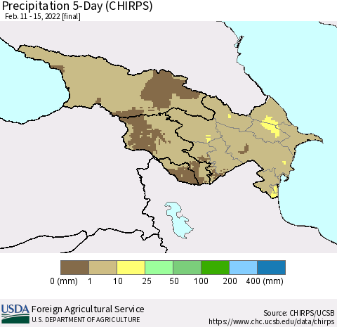 Azerbaijan, Armenia and Georgia Precipitation 5-Day (CHIRPS) Thematic Map For 2/11/2022 - 2/15/2022