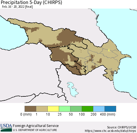 Azerbaijan, Armenia and Georgia Precipitation 5-Day (CHIRPS) Thematic Map For 2/16/2022 - 2/20/2022