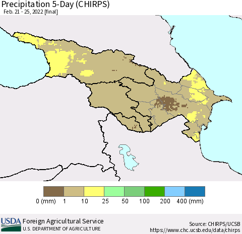 Azerbaijan, Armenia and Georgia Precipitation 5-Day (CHIRPS) Thematic Map For 2/21/2022 - 2/25/2022