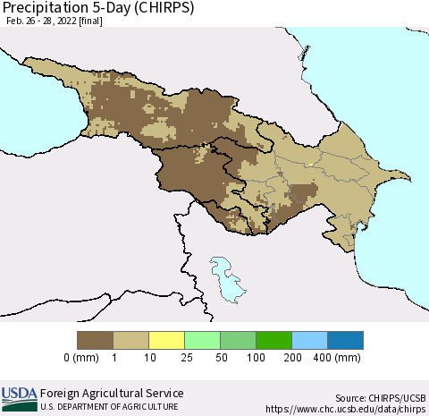 Azerbaijan, Armenia and Georgia Precipitation 5-Day (CHIRPS) Thematic Map For 2/26/2022 - 2/28/2022
