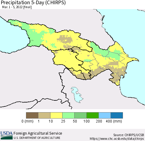 Azerbaijan, Armenia and Georgia Precipitation 5-Day (CHIRPS) Thematic Map For 3/1/2022 - 3/5/2022