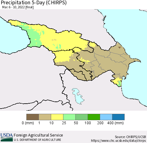 Azerbaijan, Armenia and Georgia Precipitation 5-Day (CHIRPS) Thematic Map For 3/6/2022 - 3/10/2022