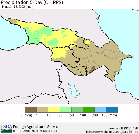 Azerbaijan, Armenia and Georgia Precipitation 5-Day (CHIRPS) Thematic Map For 3/11/2022 - 3/15/2022