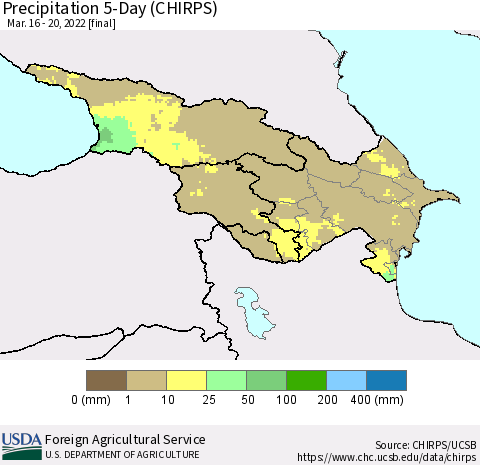 Azerbaijan, Armenia and Georgia Precipitation 5-Day (CHIRPS) Thematic Map For 3/16/2022 - 3/20/2022