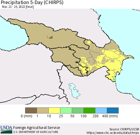 Azerbaijan, Armenia and Georgia Precipitation 5-Day (CHIRPS) Thematic Map For 3/21/2022 - 3/25/2022