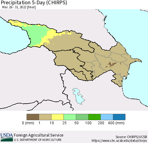 Azerbaijan, Armenia and Georgia Precipitation 5-Day (CHIRPS) Thematic Map For 3/26/2022 - 3/31/2022