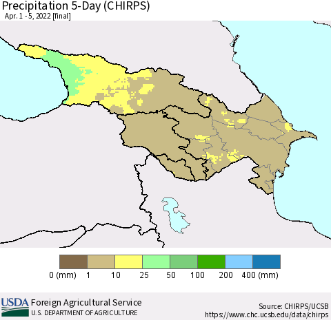 Azerbaijan, Armenia and Georgia Precipitation 5-Day (CHIRPS) Thematic Map For 4/1/2022 - 4/5/2022