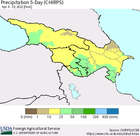Azerbaijan, Armenia and Georgia Precipitation 5-Day (CHIRPS) Thematic Map For 4/6/2022 - 4/10/2022