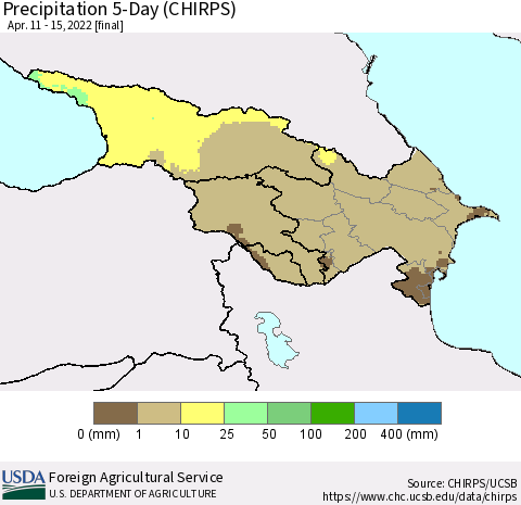 Azerbaijan, Armenia and Georgia Precipitation 5-Day (CHIRPS) Thematic Map For 4/11/2022 - 4/15/2022