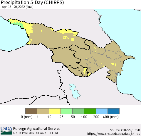 Azerbaijan, Armenia and Georgia Precipitation 5-Day (CHIRPS) Thematic Map For 4/16/2022 - 4/20/2022
