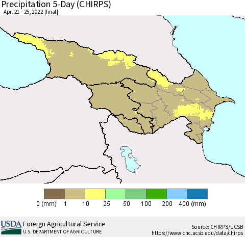 Azerbaijan, Armenia and Georgia Precipitation 5-Day (CHIRPS) Thematic Map For 4/21/2022 - 4/25/2022