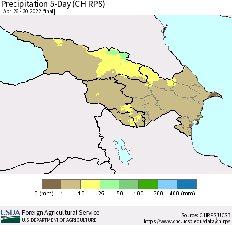 Azerbaijan, Armenia and Georgia Precipitation 5-Day (CHIRPS) Thematic Map For 4/26/2022 - 4/30/2022