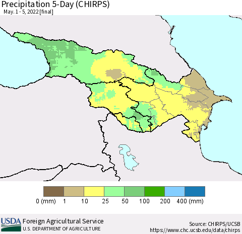 Azerbaijan, Armenia and Georgia Precipitation 5-Day (CHIRPS) Thematic Map For 5/1/2022 - 5/5/2022