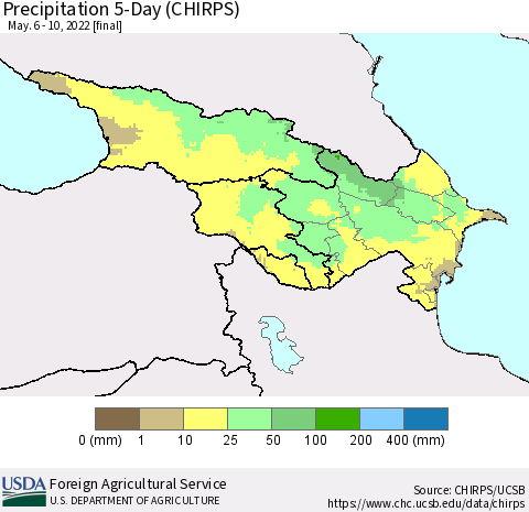 Azerbaijan, Armenia and Georgia Precipitation 5-Day (CHIRPS) Thematic Map For 5/6/2022 - 5/10/2022