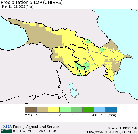 Azerbaijan, Armenia and Georgia Precipitation 5-Day (CHIRPS) Thematic Map For 5/11/2022 - 5/15/2022