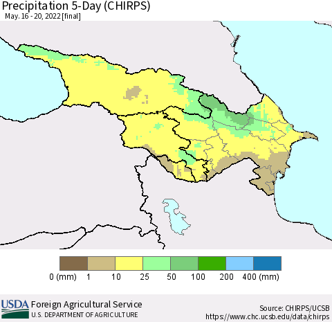 Azerbaijan, Armenia and Georgia Precipitation 5-Day (CHIRPS) Thematic Map For 5/16/2022 - 5/20/2022