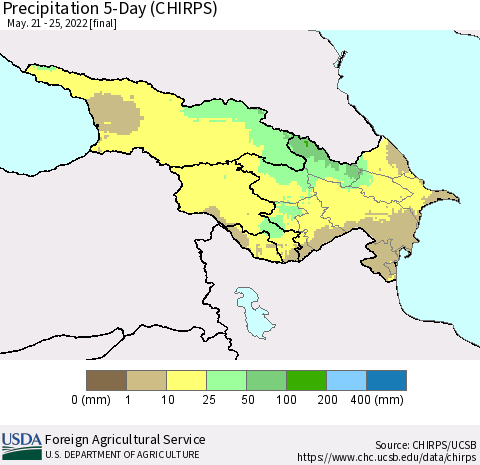 Azerbaijan, Armenia and Georgia Precipitation 5-Day (CHIRPS) Thematic Map For 5/21/2022 - 5/25/2022