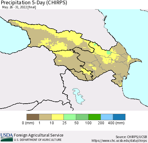 Azerbaijan, Armenia and Georgia Precipitation 5-Day (CHIRPS) Thematic Map For 5/26/2022 - 5/31/2022