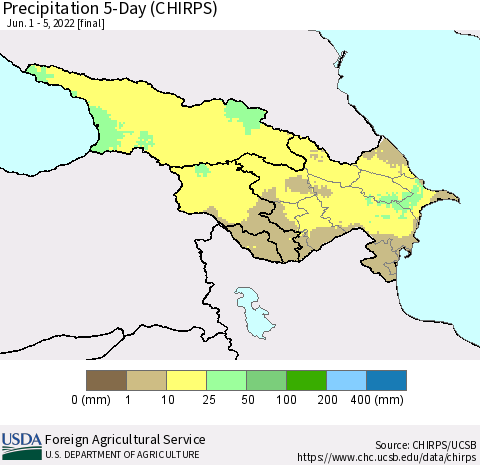 Azerbaijan, Armenia and Georgia Precipitation 5-Day (CHIRPS) Thematic Map For 6/1/2022 - 6/5/2022